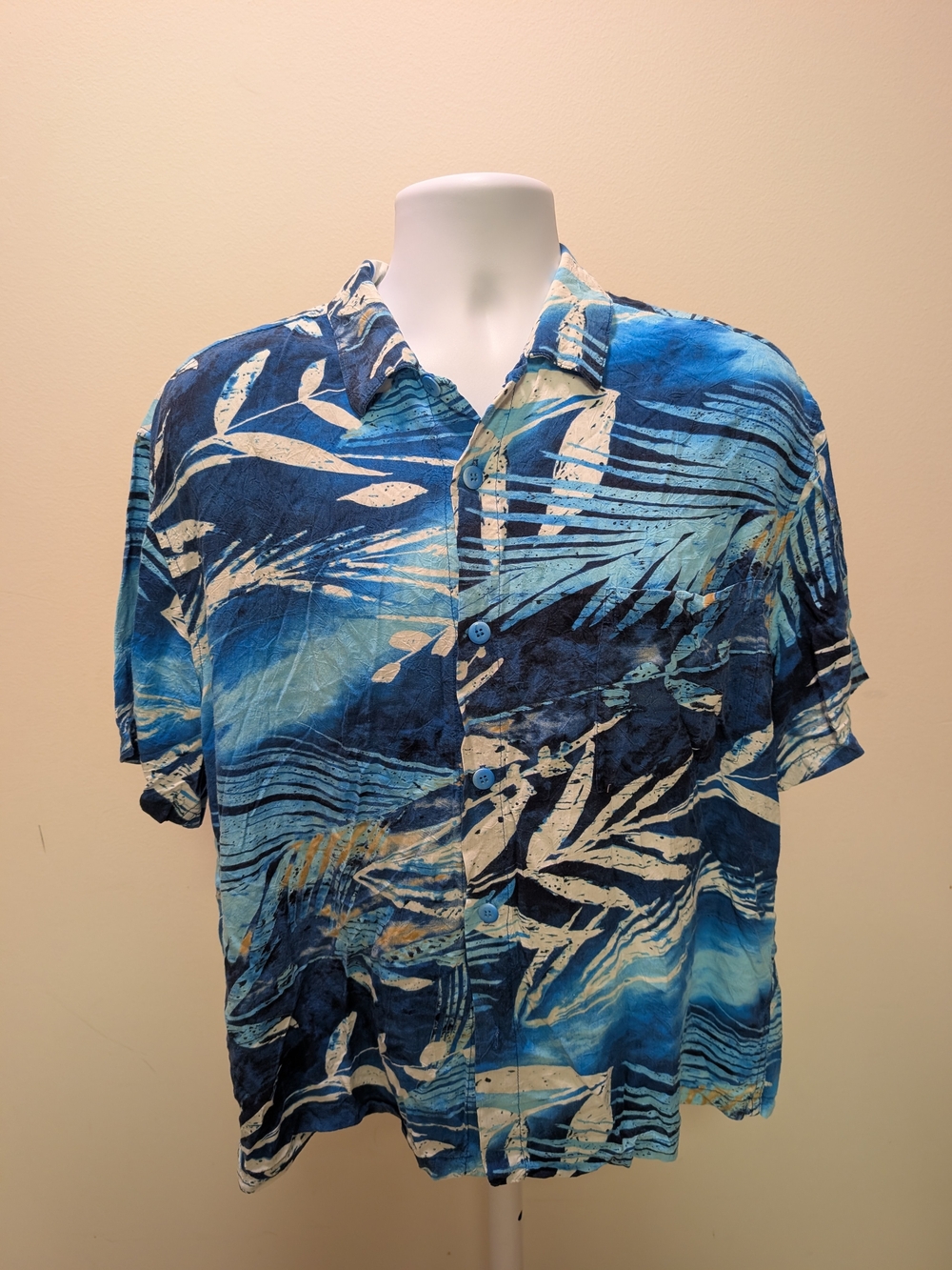 Jams World Blue White Tropical Print Silk Button-Up Shirt